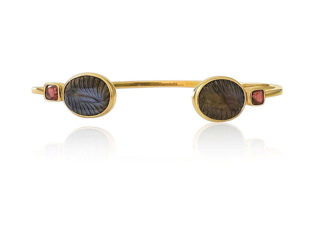 Dickinsonia and garnet open cuff bangle