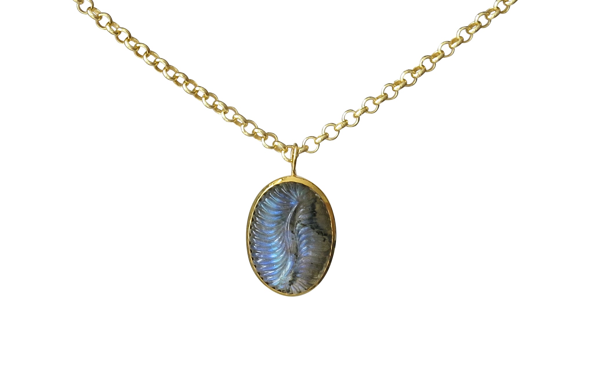 hand carved labradorite dickinsonia fossil pendant necklace